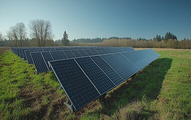 solar panel array on a grassy field with clear blue skies