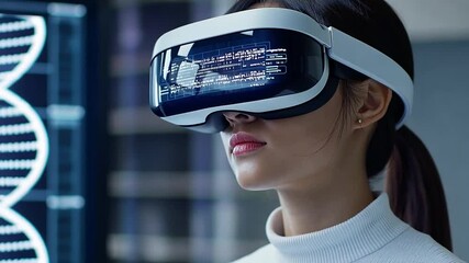 Poster - A researcher lady interacts with a biocomputer while wearing advanced VR goggles