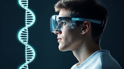Poster - Man in vr headset looks at DNA visualization and understanding in real-time analysis