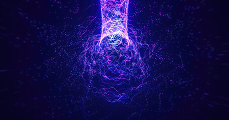 Poster - Abstract tunnel of glowing purple dots forming a vortex-like design, futuristic digital visualization in a dark background