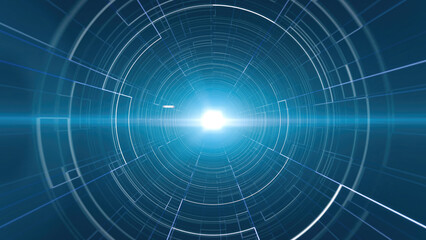Poster - Blue digital tunnel with concentric lines and central light source, creating a sense of depth, movement, and futuristic design in a tech-inspired setting background