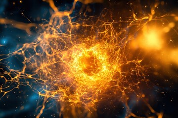 Fototapete - Neural network visualization showcasing bright orange and blue connections in deep space