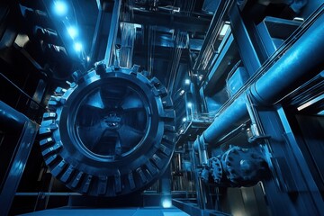 Poster - Complex machinery set in a futuristic environment with vibrant blue lighting