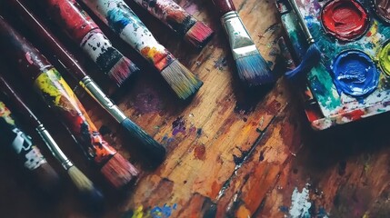 Poster - Artistic creation tools vibrant studio acrylic paints colorful palette close-up view creative expression impact