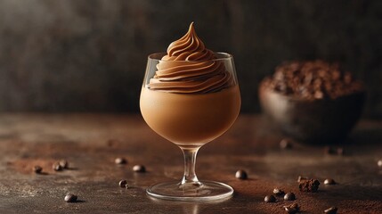 Poster - A luxurious mocha mousse sits in a clear glass bowl, crowned with smooth, swirled chocolate. The setting features earthy tones, accented by coffee beans scattered artistically around