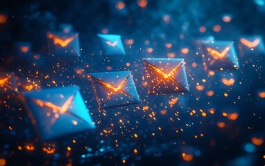 Aufkleber - Blue and orange envelopes floating in a dark space, creating an abstract visual of communication, movement, and modern design with glowing accents