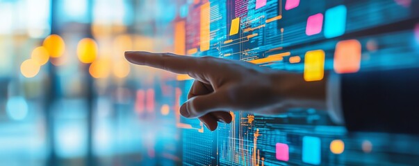 Aufkleber - Closeup of a hand pointing at a digital screen with colorful sticky notes and flowing data, symbolizing productivity, innovation, and digital organization