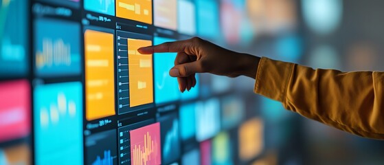Fototapete - Closeup of a hand pointing at a digital display filled with colorful sticky notes, data charts, and graphs, symbolizing techdriven organization and workflow optimization