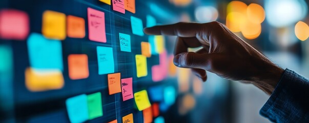Fototapete - Closeup of a hand pointing at a digital screen with colorful sticky notes and flowing data, symbolizing productivity, innovation, and digital organization