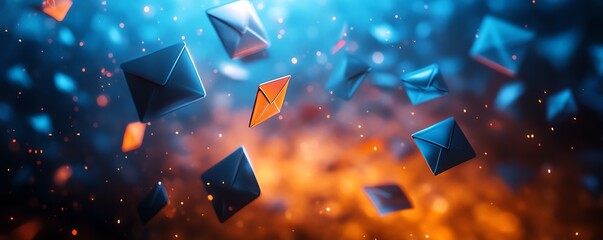 Aufkleber - Dark space with floating blue and orange envelopes, creating a surreal, abstract background with contrasting colors and a futuristic atmosphere