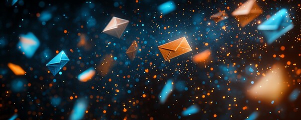 Poster - Dark space with floating blue and orange envelopes, creating a surreal, abstract background with contrasting colors and a futuristic atmosphere