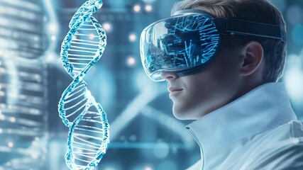 Poster - Man researcher exploring the potential of biocomputering through virtual reality technology and genetic advancements