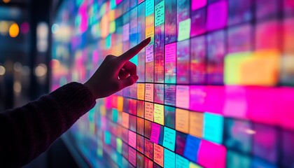 Poster - Digital screen filled with sticky notes and dynamic data, with a hand pointing at it, showcasing digital workspace solutions, technology, and creative organization