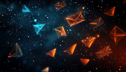 Aufkleber - Floating blue and orange envelopes in a dark, cosmic space, creating an abstract background with dynamic movement and contrast