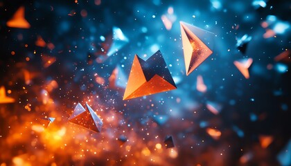 Poster - Floating blue and orange envelopes in a dark, cosmic space, creating an abstract background with dynamic movement and contrast