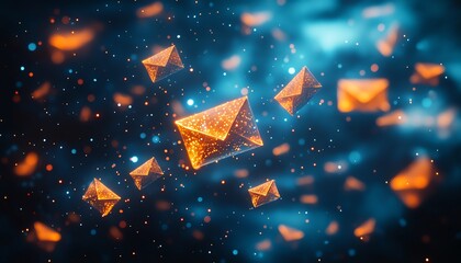 Aufkleber - Floating blue and orange envelopes in a dark, cosmic space, creating an abstract background with dynamic movement and contrast