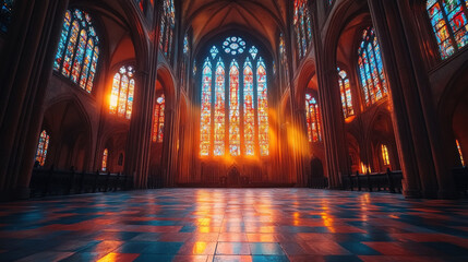 Wall Mural - A cathedral interior with vaulted ceilings, dramatic light filtering through stained glass windows