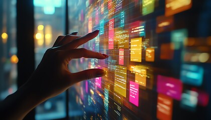 Fototapete - Hand hovering over a digital screen filled with sticky notes and colorful data, illustrating a digital workspace and innovative tech solutions for organization