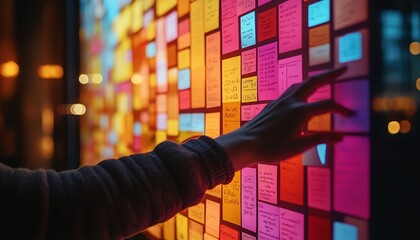 Aufkleber - Hand hovering over a digital screen filled with sticky notes and colorful data, illustrating a digital workspace and innovative tech solutions for organization