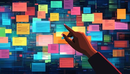 Aufkleber - Hand hovering over a digital screen filled with sticky notes and colorful data, illustrating a digital workspace and innovative tech solutions for organization