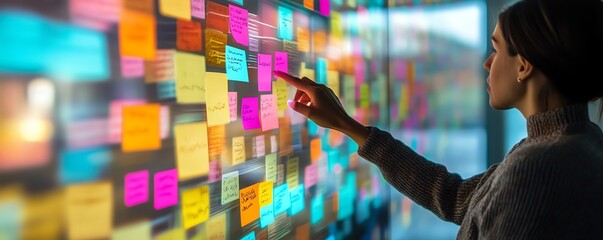Poster - Hand interacting with a digital screen covered in colorful sticky notes and data streams, showcasing digital collaboration, data management, and tech innovation