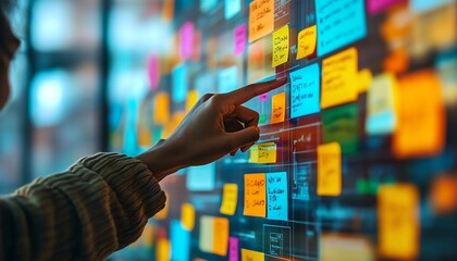 Poster - Hand pointing at a digital interface with sticky notes and vibrant data visualizations, representing technology, productivity, and digital innovation