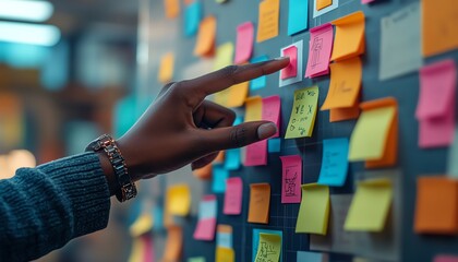 Aufkleber - Hand pointing at a digital interface with sticky notes and vibrant data visualizations, representing technology, productivity, and digital innovation