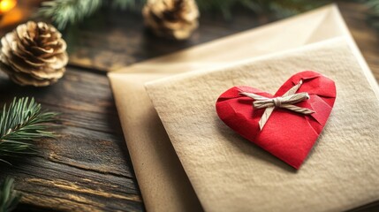 Wall Mural - Beautiful handmade red heart decoration on a craft envelope, surrounded by festive pine cones and greenery, perfect for expressing love during the holiday season.