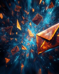 Poster - Vibrant abstract background with blue and orange envelopes floating in dark space, dynamic colors and shapes creating a futuristic and artistic atmosphere