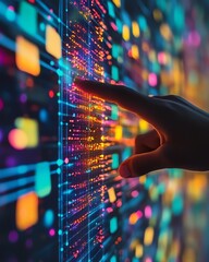 Fototapete - A hand pointing at a digital screen with sticky notes and colorful data visualizations, representing a futuristic approach to data management and workflow efficiency