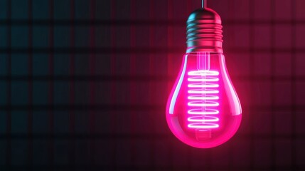 Wall Mural - a vibrant pink light bulb hangs against a dark grid background, showcasing a modern and artistic des