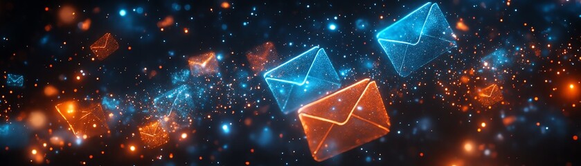 Aufkleber - Abstract dark space with blue and orange envelopes floating, representing communication, technology, and modern design in a surreal and vibrant scene