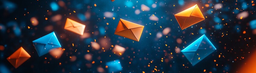 Poster - Abstract dark space with blue and orange envelopes floating, representing communication, technology, and modern design in a surreal and vibrant scene