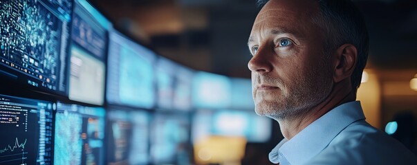 Leinwandbilder - Focused individual in a modern control room analyzing realtime data on multiple screens, emphasizing advanced technology, cybersecurity, and digital protection