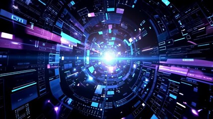 Leinwandbilder - Experience a digital journey through a vibrant tunnel of neon lights and abstract shapes