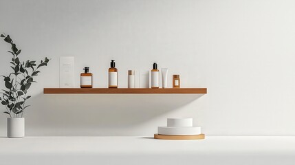 Poster - Minimalist display rack for skincare products modern interior product showcase clean aesthetic front view beauty concept