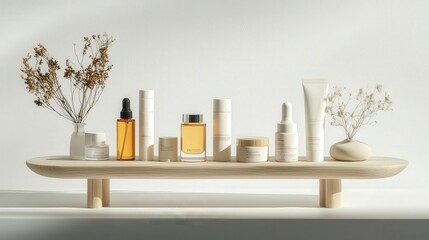 Poster - Minimalist skincare display rack for product showcase in tranquil studio environment close-up view aesthetic concept