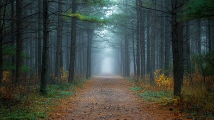 Poster - Serene viewpoint a mysterious pathway in a tranquil autumn forest nature photography journey