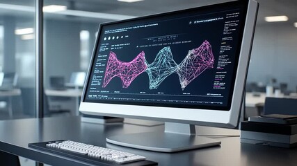 Poster - Innovative biocomputer interface displaying complex data analysis in modern office environment