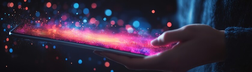 Poster - Individual holding a tablet with dynamic data visualization, symbolizing modern technology, digital innovation, and the future of analytics