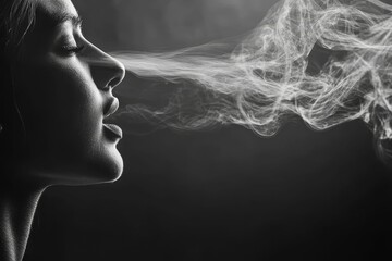 Poster - Woman's profile, smoke exhaled, dark background.