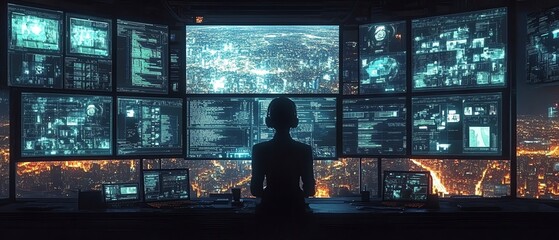 Fototapete - Person in a hightech control room reviewing complex data on multiple screens, highlighting the significance of cybersecurity and technological advancements