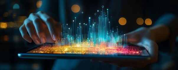 Poster - Professional displaying a tablet with vibrant data visualization, emphasizing digital transformation, modern technology, and innovative analytics