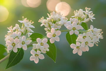 Poster - Delicate white flowers on a branch, illuminated by soft sunlight.