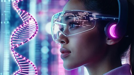 Poster - advanced biocomputer technology explores dna interaction in futuristic lab setting
