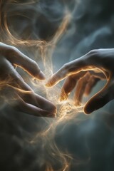 Poster - Glowing energy flows between two reaching hands.