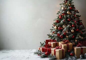 Wall Mural - Christmas tree decorated with red and gold ornaments surrounded by wrapped gifts in a snowy holiday setting by Generative AI