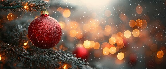 Wall Mural - Red Christmas ornament hanging on a snowy pine branch with glowing bokeh lights and frosty background by Generative AI