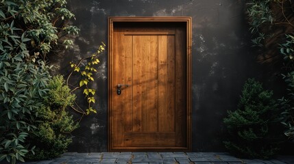 Poster - Wooden Door Flanked by Lush Green Foliage