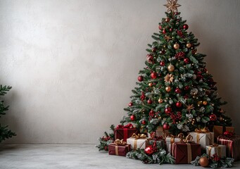 Wall Mural - Christmas tree with ornaments and wrapped gifts under a snowy pine by Generative AI